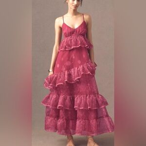NWT, Let Me Be Sleeveless Sheer Tiered Midi Dress by Anthropologie pink size M